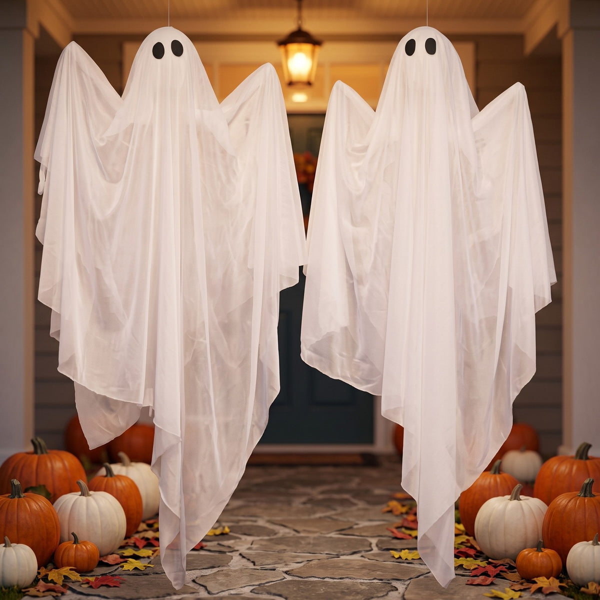 Two unlit sheer white hanging ghosts on a porch in daylight, pumpkins and leaves along the path