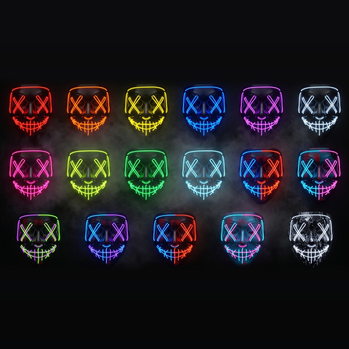 All 17 light colors of the X-eye LED mask glowing on a dark background