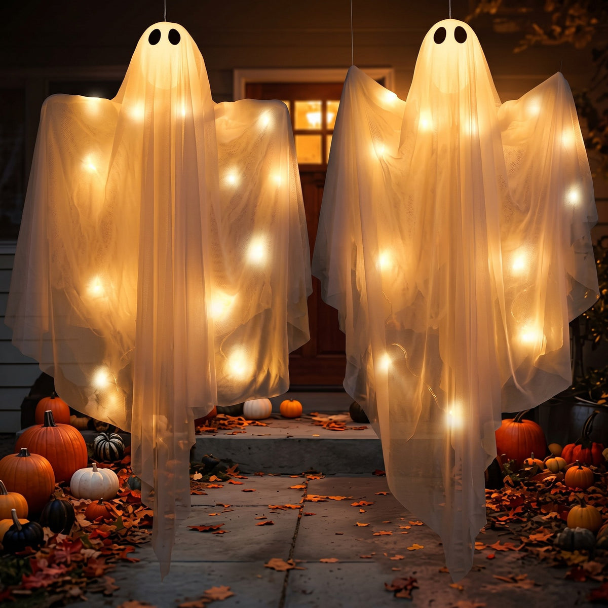 Two sheer white hanging ghosts glowing warm white on a front porch at dusk, pumpkins and autumn leaves on the steps