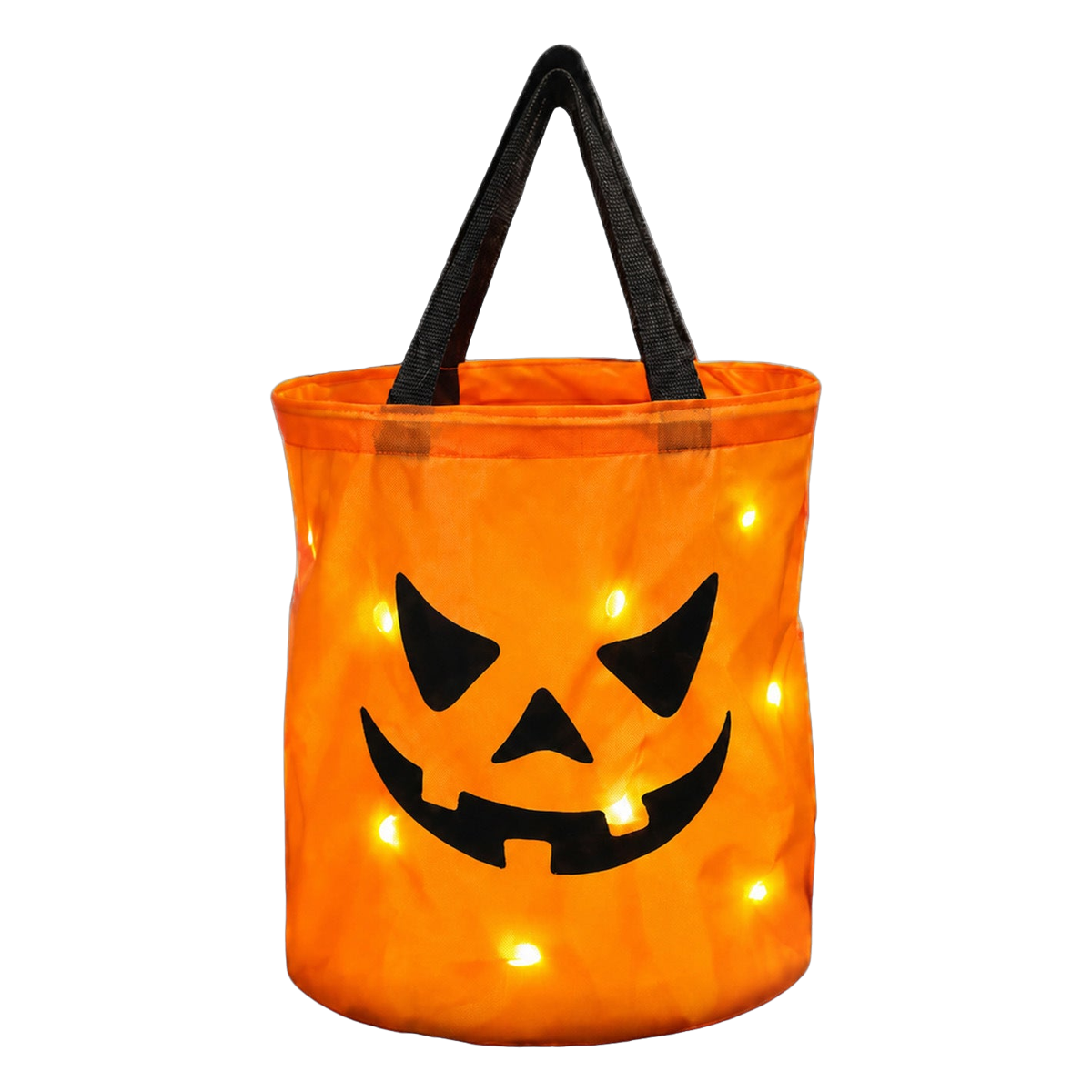 Orange light-up pumpkin candy bucket with a jack-o-lantern face and black handle