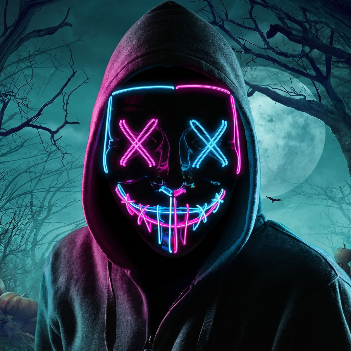 Hooded figure wearing the light-up X-eye mask glowing pink and ice blue in a moonlit forest, jack-o'-lanterns behind