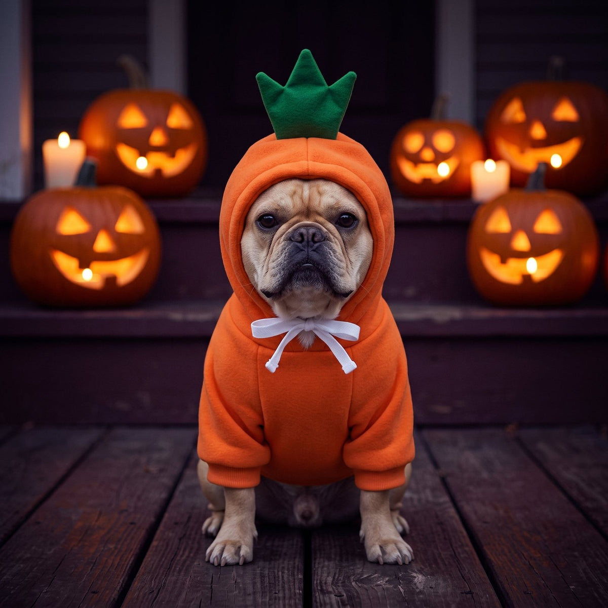 French bulldog in the orange Little Pumpkin Hoodie on porch steps lined with jack-o-lanterns