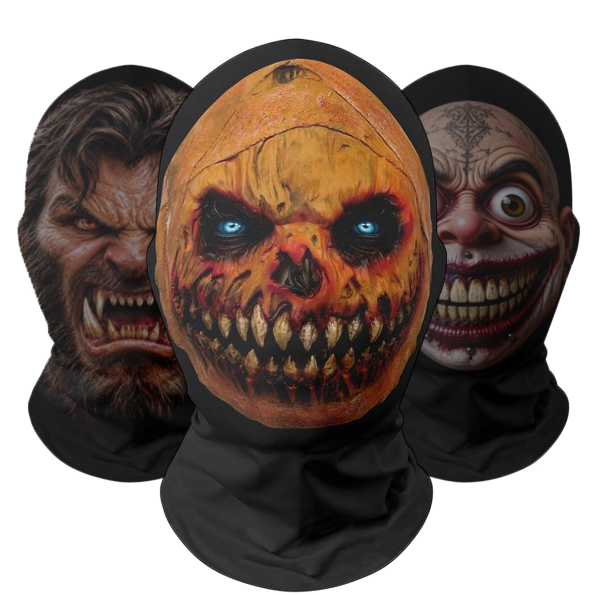 Three full-head mesh masks: a werewolf, a rotten pumpkin skull and a grinning clown