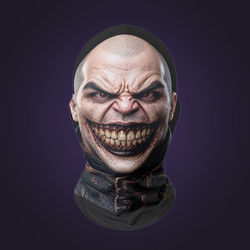 Full-head mesh mask printed with a grinning bald face