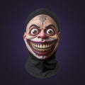 Full-head mesh mask printed with a bug-eyed grinning clown face