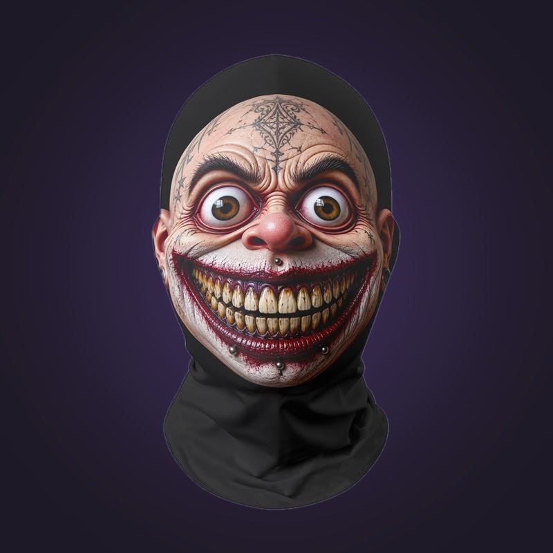 Full-head mesh mask printed with a bug-eyed grinning clown face