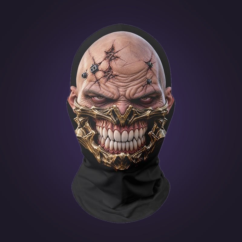 Full-head mesh mask printed with a brute face showing gold teeth