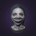 Full-head mesh mask printed with a pale face and a stitched smile