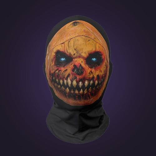 Full-head mesh mask printed with a rotten pumpkin skull face