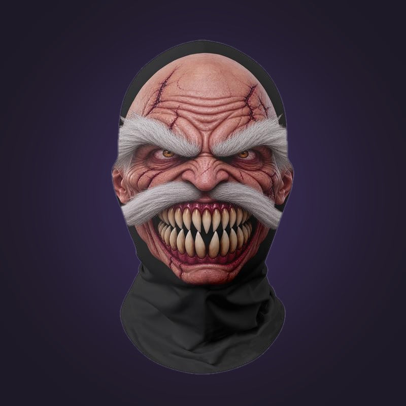 Full-head mesh mask printed with a red ogre face and mustache