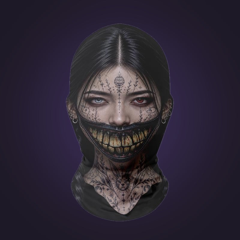 Full-head mesh mask printed with a tattooed witch face with stitches