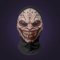 Full-head mesh mask printed with a tattooed demon face and wide grin