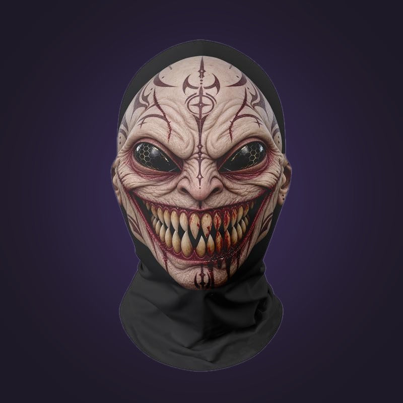 Full-head mesh mask printed with a tattooed demon face and wide grin