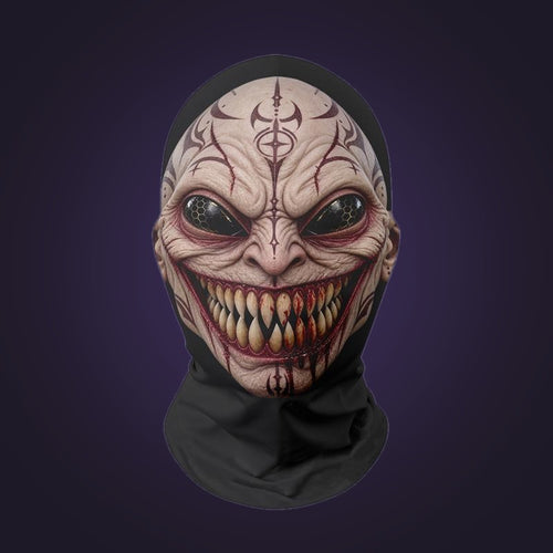Full-head mesh mask printed with a tattooed demon face and wide grin