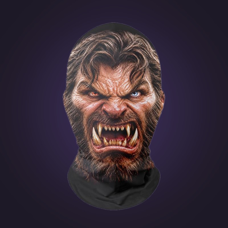 Full-head mesh mask printed with a snarling werewolf face