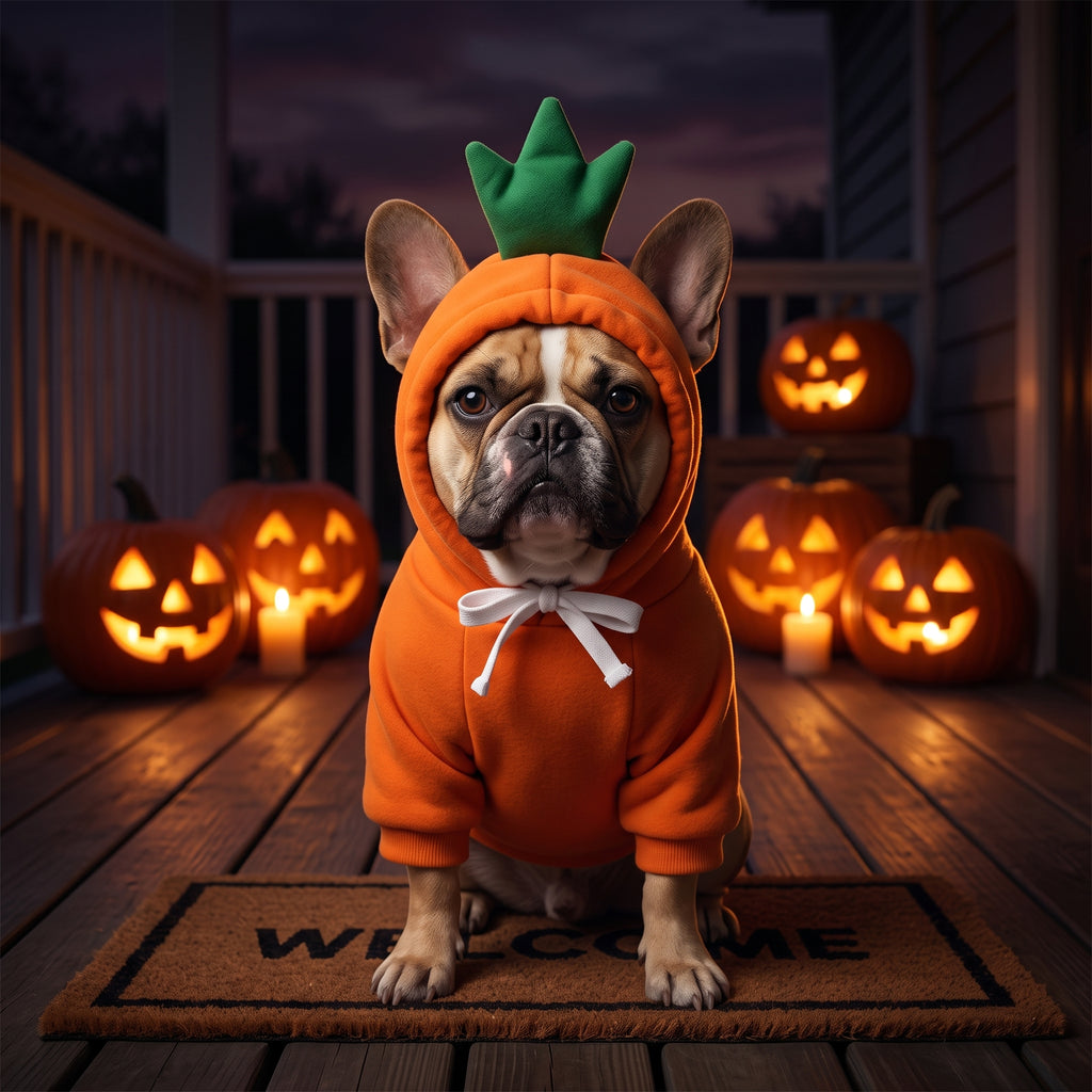 French bulldog in the Little Pumpkin Hoodie on a Halloween front porch