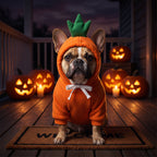 French bulldog in the Little Pumpkin Hoodie on a Halloween front porch