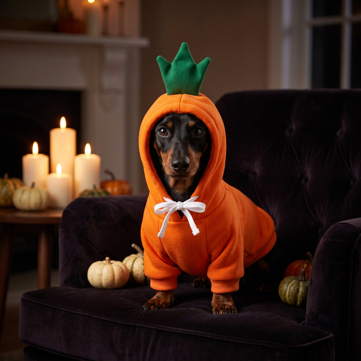 Dachshund wearing the orange Little Pumpkin Hoodie on a velvet armchair