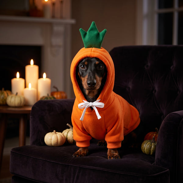 Dachshund wearing the orange Little Pumpkin Hoodie on a velvet armchair