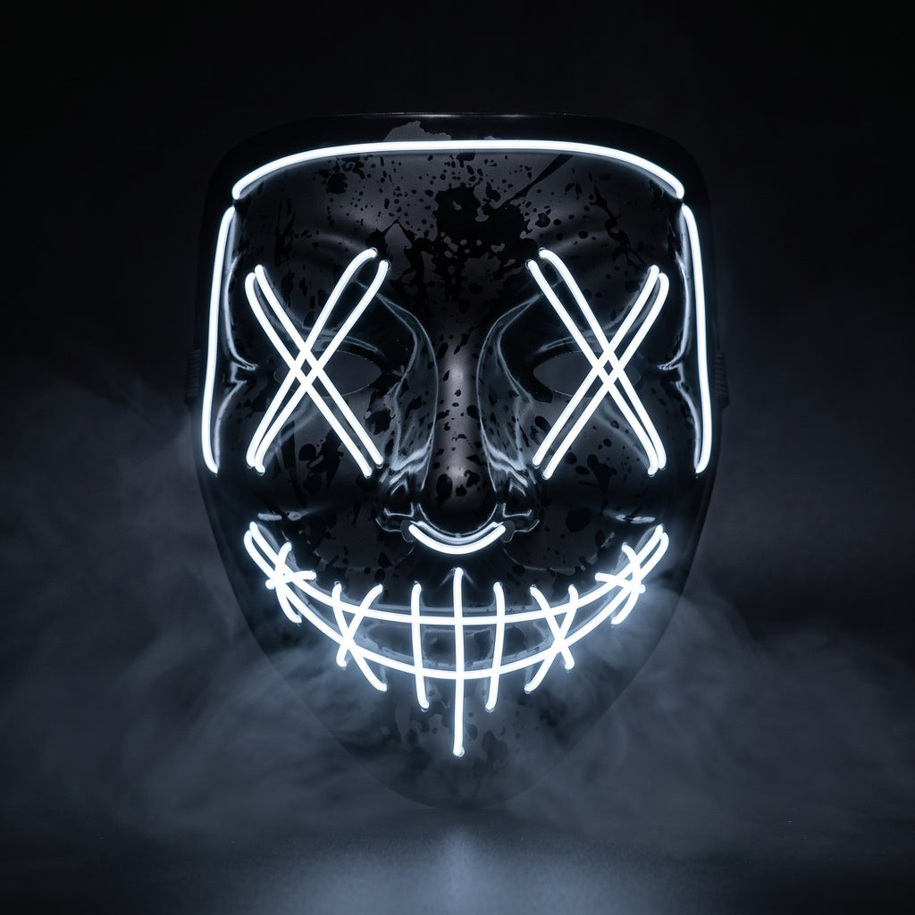 Black splatter shell X-eye LED mask glowing white in smoke
