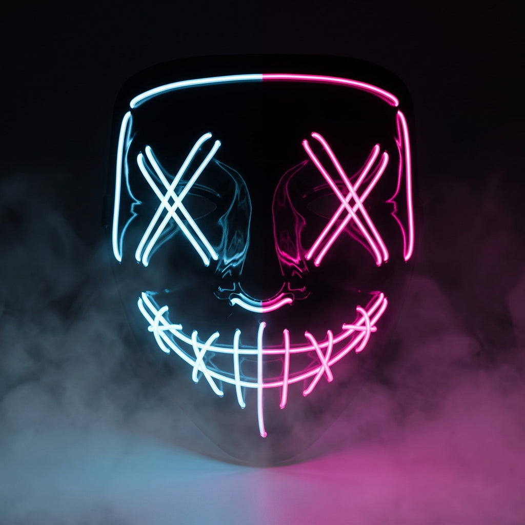 X-eye LED mask glowing ice blue on one half and pink on the other