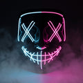 X-eye LED mask glowing ice blue on one half and pink on the other
