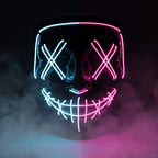 X-eye LED mask glowing ice blue on one half and pink on the other
