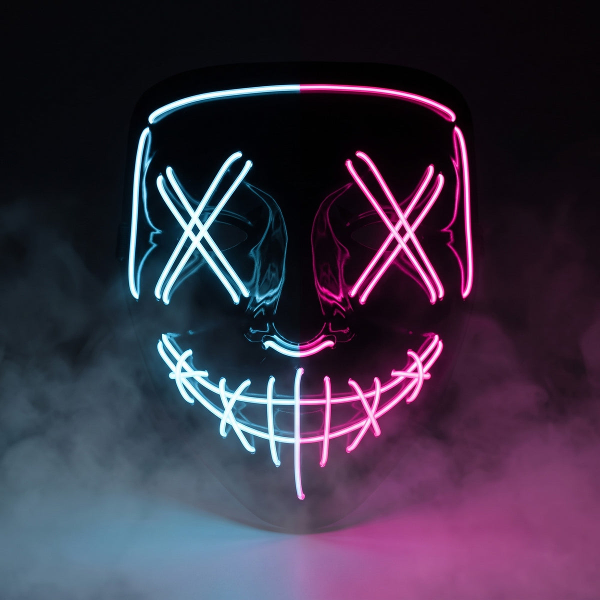 X-eye LED mask glowing ice blue on one half and pink on the other