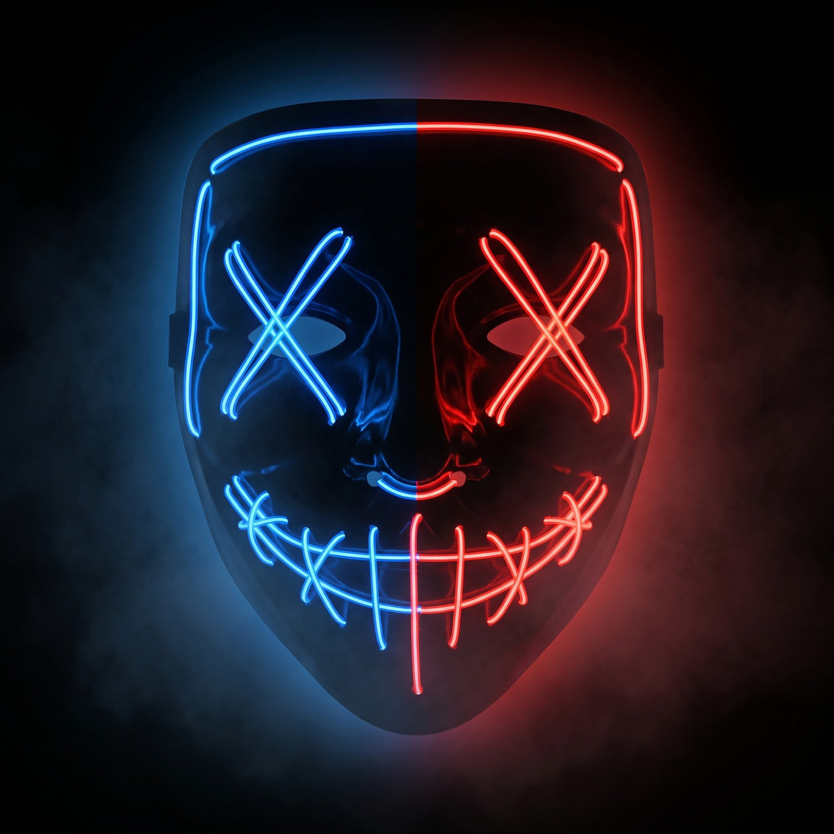 X-eye LED mask glowing blue on one half and red on the other