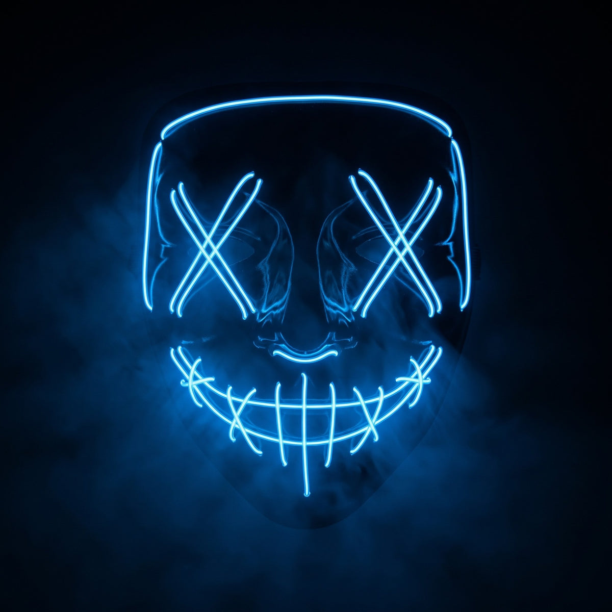 X-eye LED mask glowing blue in smoke