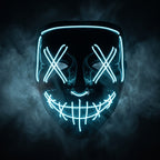 X-eye LED mask glowing ice blue in smoke