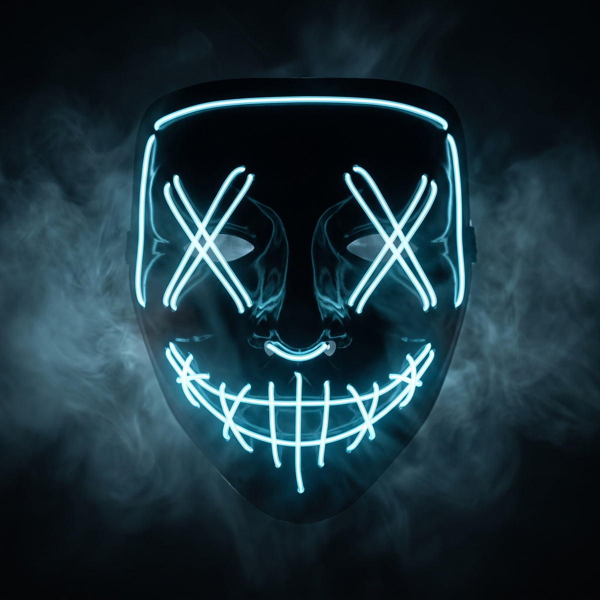 X-eye LED mask glowing ice blue in smoke