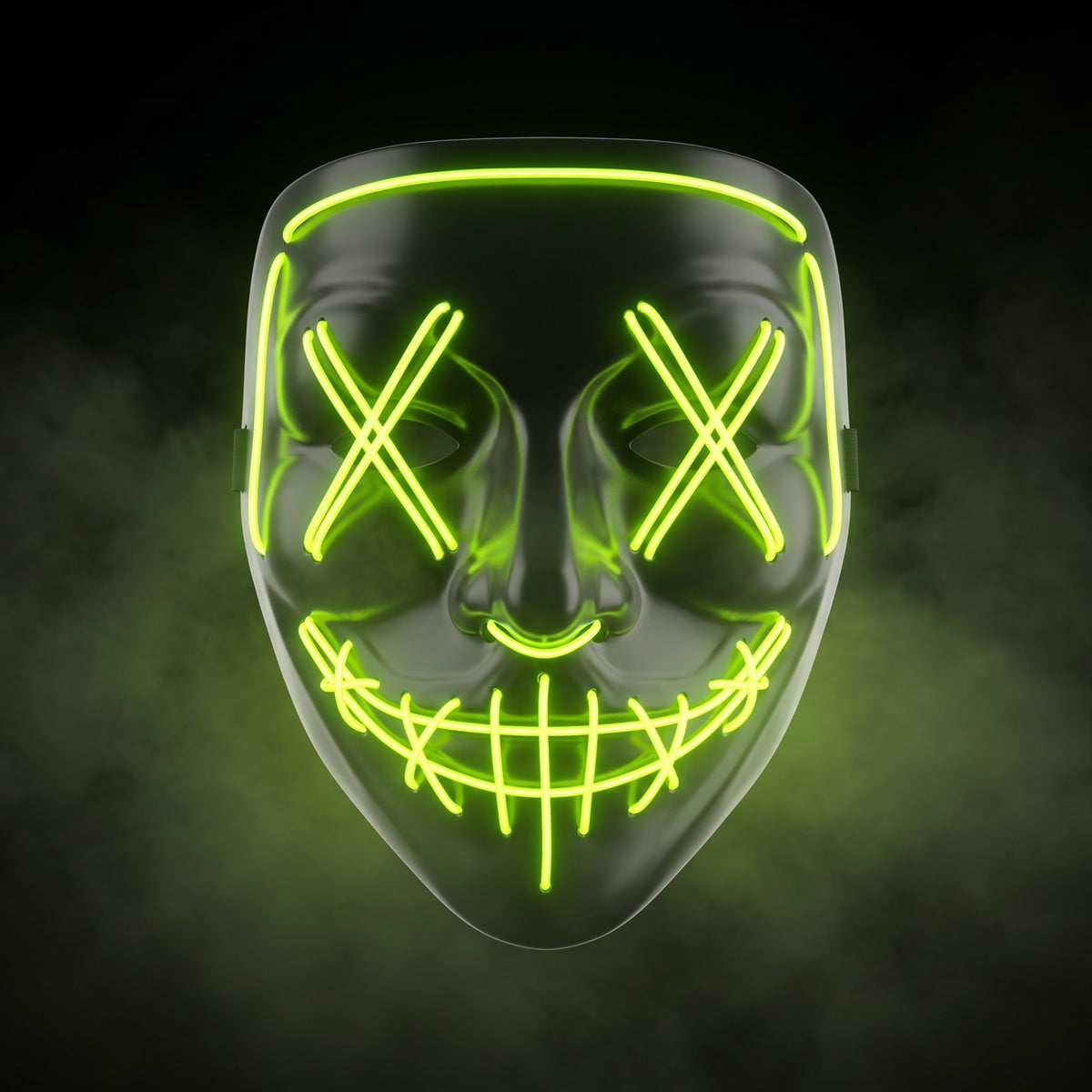 X-eye LED mask glowing neon green in smoke