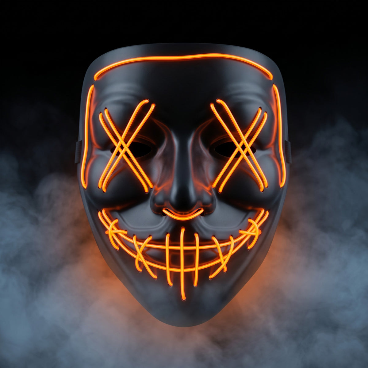 X-eye LED mask glowing orange in smoke