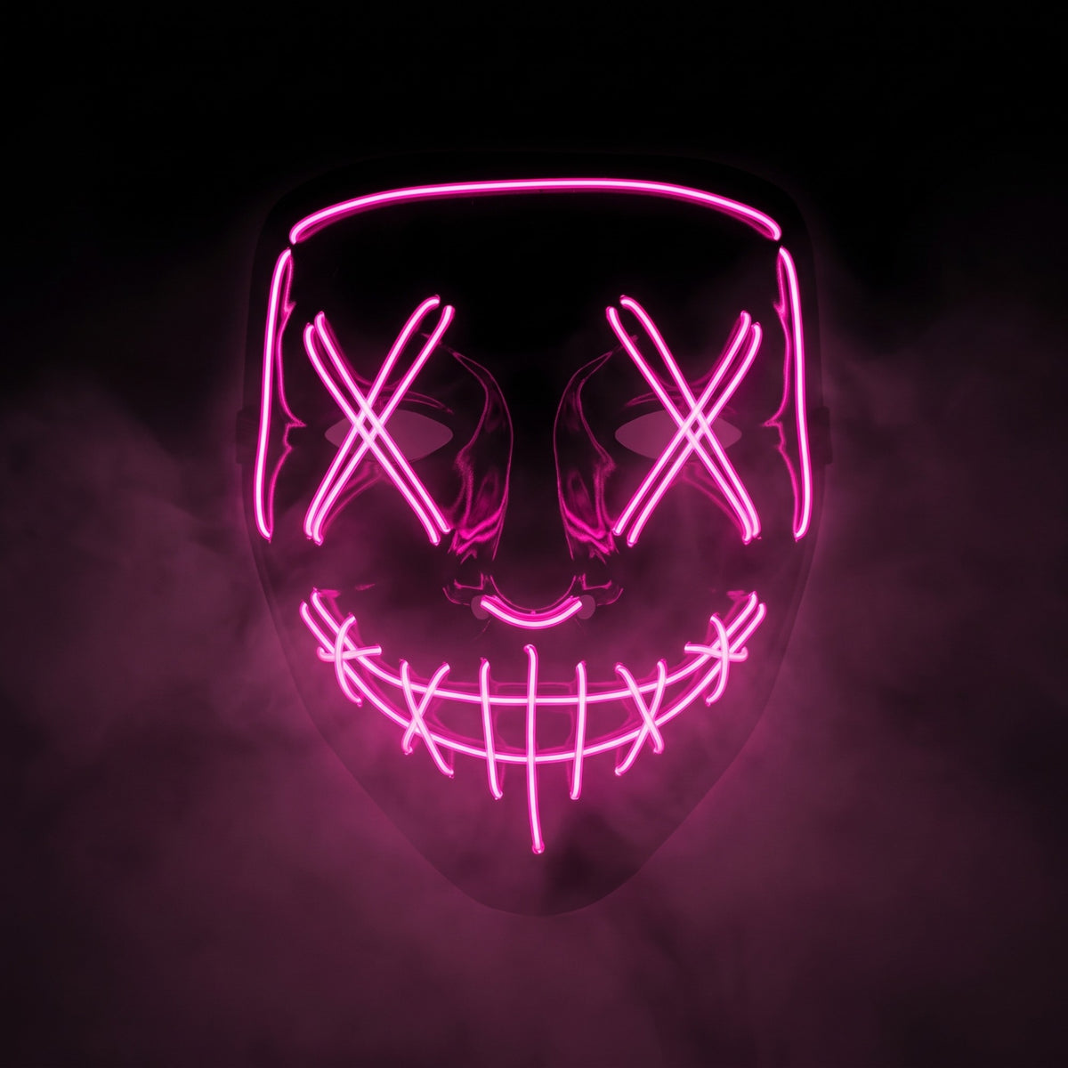 X-eye LED mask glowing pink in smoke