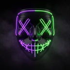 X-eye LED mask glowing purple on one half and green on the other