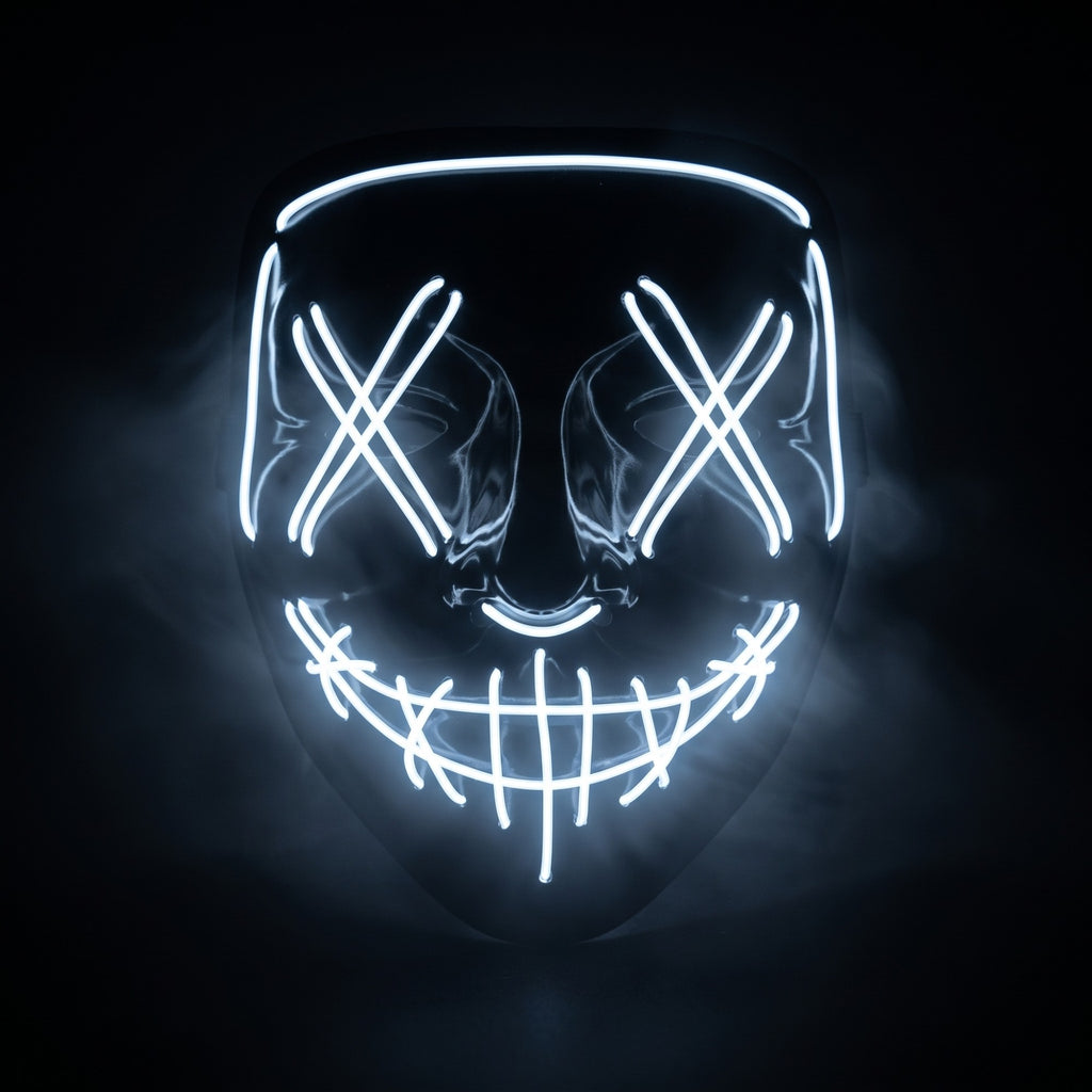 X-eye LED mask glowing white in smoke