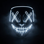 X-eye LED mask glowing white in smoke