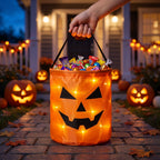 Hand carrying the glowing pumpkin candy bucket full of candy along a front path at dusk