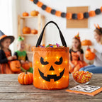 Glowing orange jack-o'-lantern candy bucket full of sweets on a table at a children's Halloween party