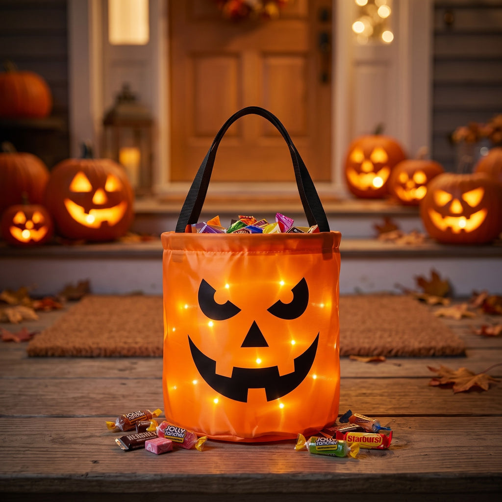 Glowing pumpkin candy bucket filled with candy on a porch step at night, carved pumpkins behind